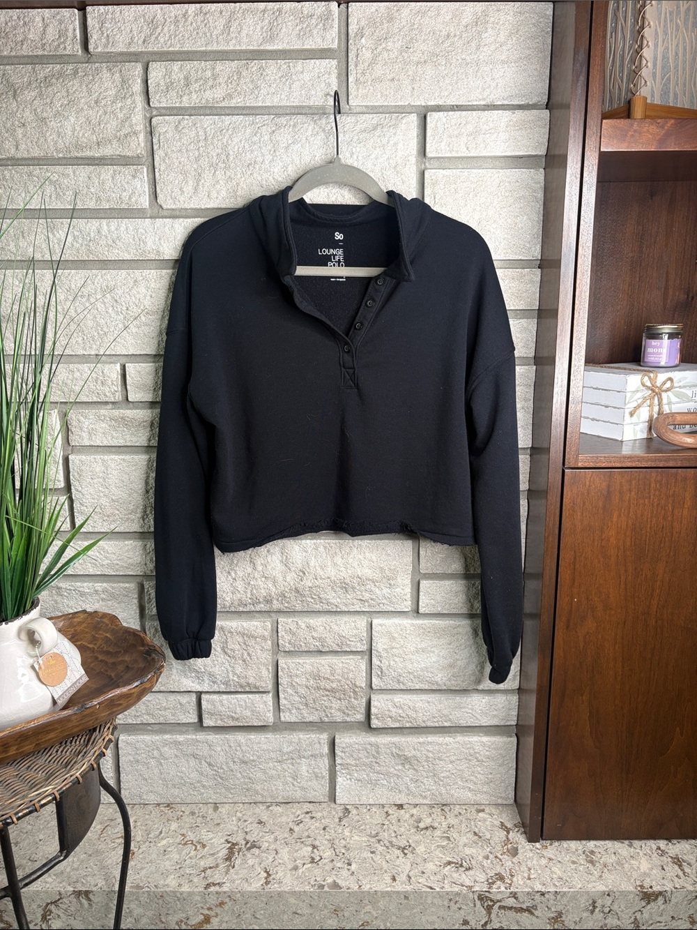 SO Black Cropped Henley Hoodie Sweatshirt